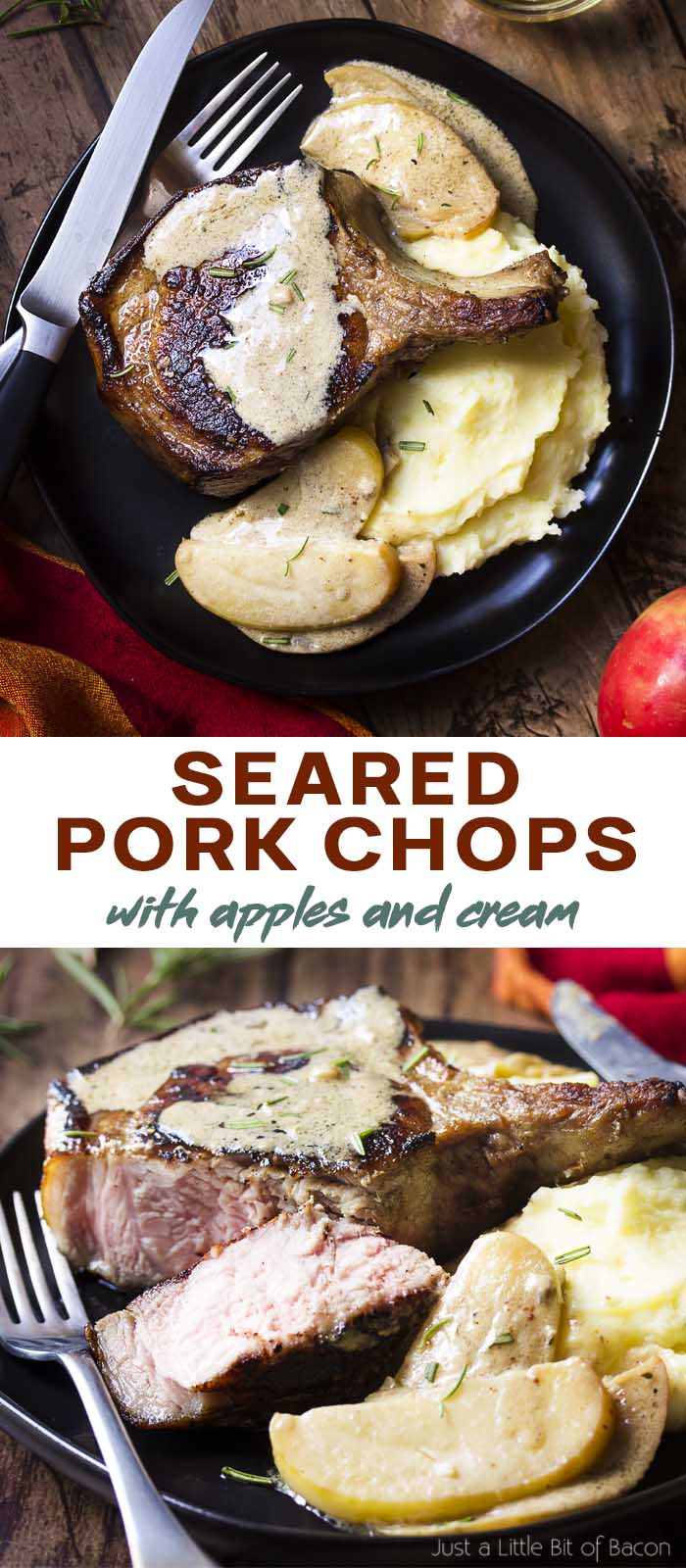 Two views of the recipe on a black plate with text overlay - Seared Pork Chops.