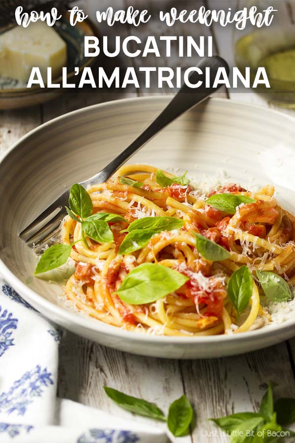 A bowl of pasta with tomato sauce and text overlay - Bucanini all'Amatriciana