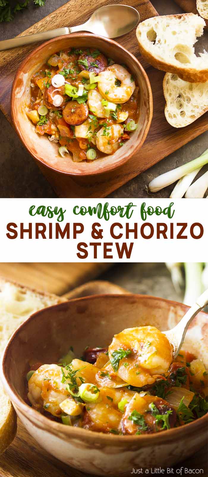 Two views of a bowl of stew with text overlay - Shrimp and Chorizo Stew.