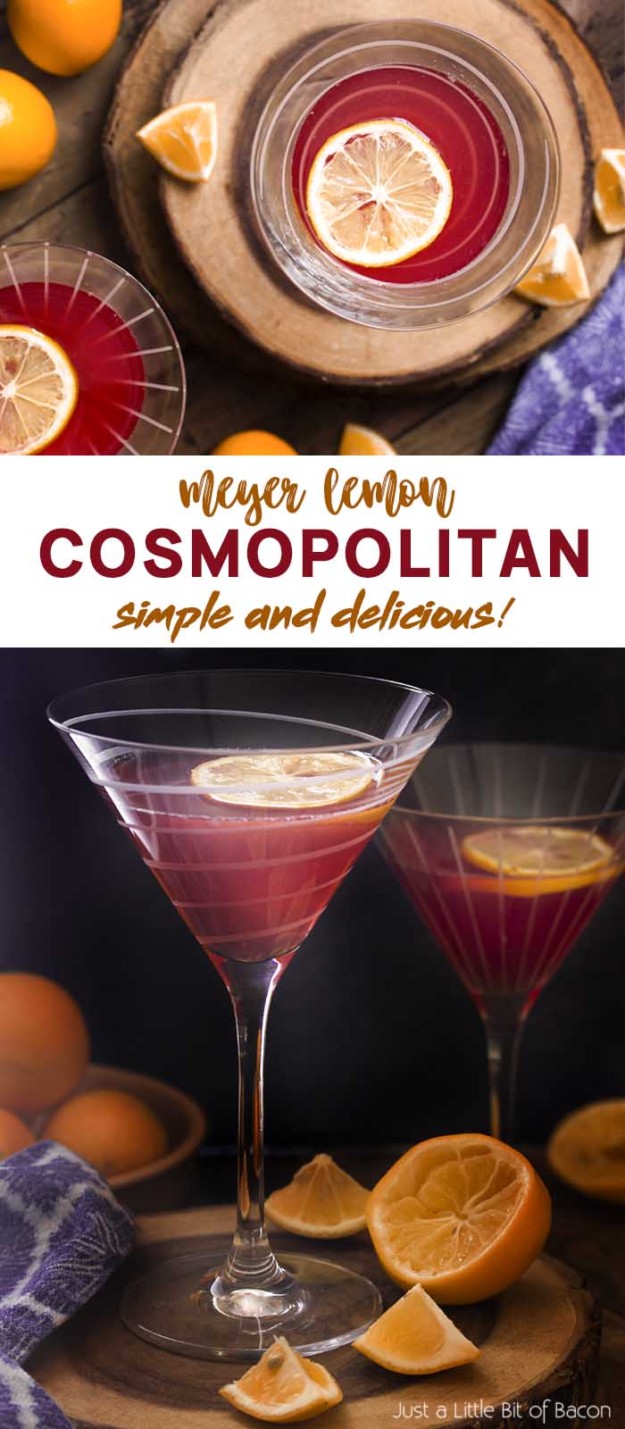Two views of martini glasses filled with a cocktail and text overlay - Meyer Lemon Cosmopolitan.
