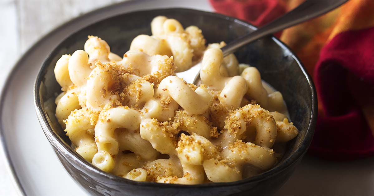 A bowl of pasta in a creamy cheese sauce topped with crispy breadcrumbs.