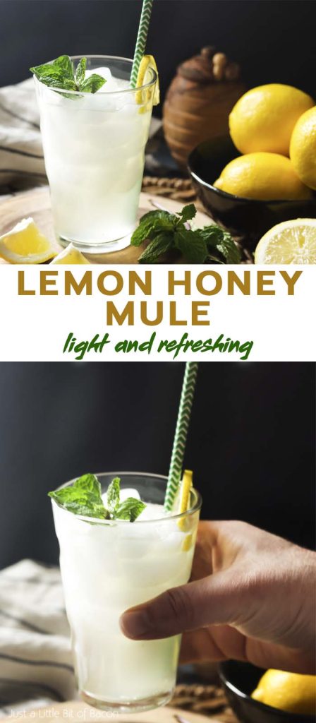 Two views of a cocktail with text overlay - Lemon Honey Mule.