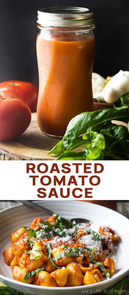 Tomato sauce in a jar and on a bowl of pasta with text overlay - Roasted Tomato Sauce.